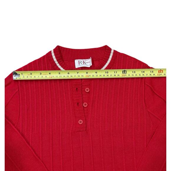 VINTAGE R&K Knits Sweater Womens M Red White 80s 90s Henley Ribbed *no size tag - Picture 5 of 7